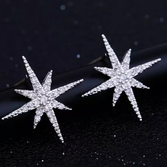 Silver Diamond Star Stud Earrings ear ring - Picture 3 of 6